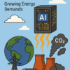 AI server farm emitting heat and energy waves illustration