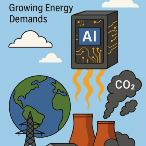 AI server farm emitting heat and energy waves illustration
