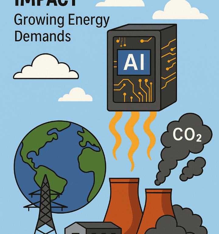 AI server farm emitting heat and energy waves illustration