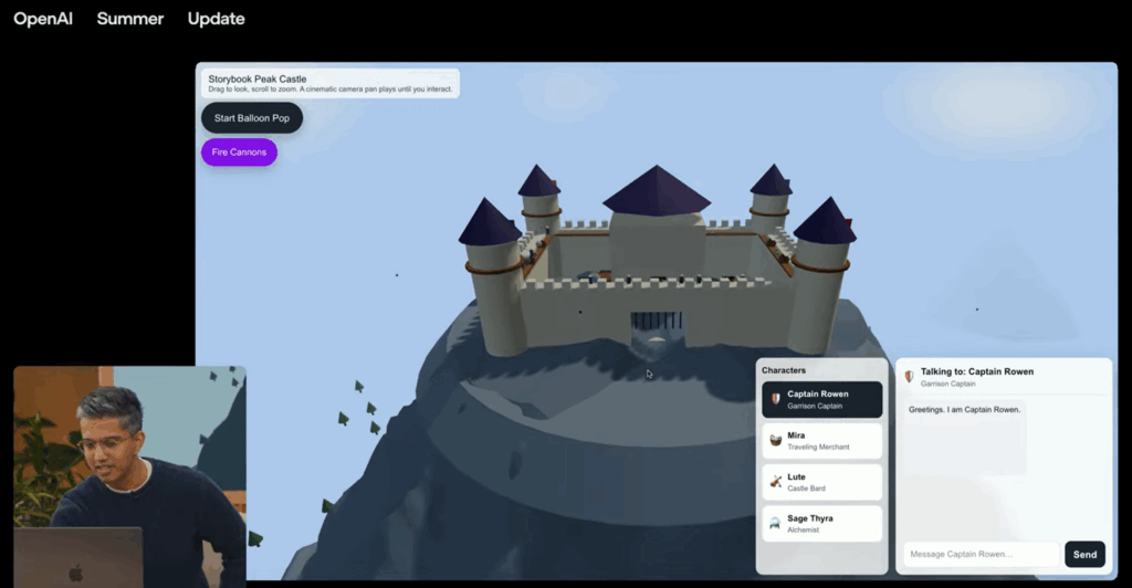 OpenAI GPT-5 Castle Game Generation Demo GPT-5 generating an interactive 3D castle game with real-time dialogue system in OpenAI demo
