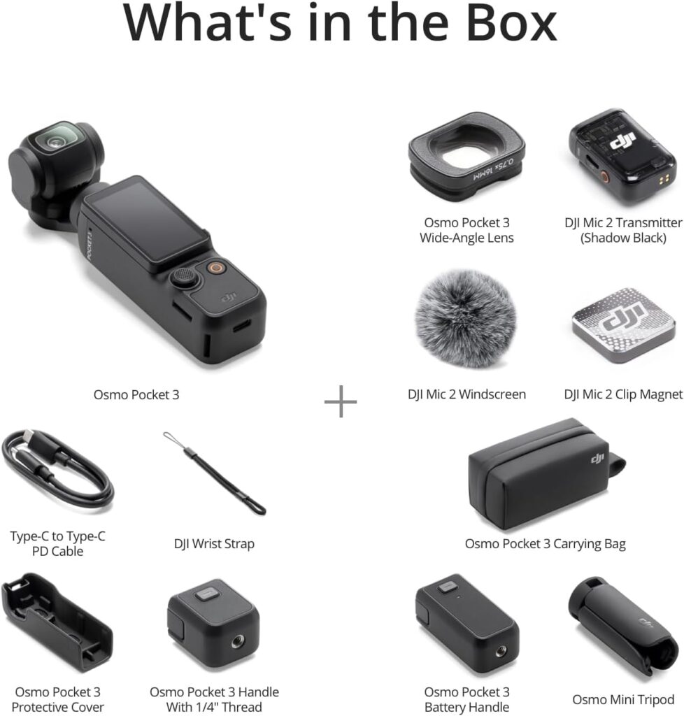 A complete Pocket 3 accessories setup showing tilt head, desktop mount and macro lens for creator filming.
