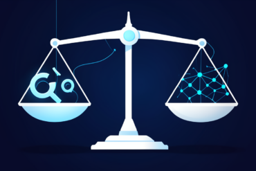 Illustration depicting balance between copyright protection and AI training data access through geometric scales and network imagery