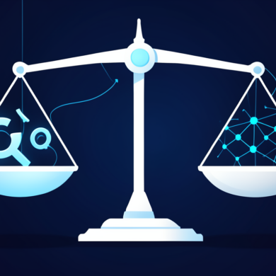 Illustration depicting balance between copyright protection and AI training data access through geometric scales and network imagery
