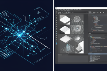 Split illustration contrasting AI technology promises with traditional game development reality, showing the disconnect between vendor tools and studio workflows