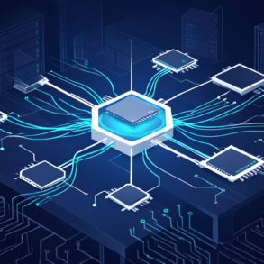 Abstract illustration of cross-platform AI inference infrastructure with interconnected chip architectures and optimised data flows