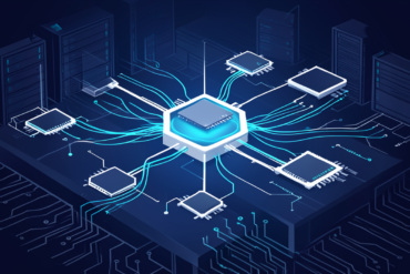 Abstract illustration of cross-platform AI inference infrastructure with interconnected chip architectures and optimised data flows