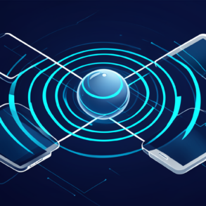 Abstract illustration of voice AI technology with sound waves and geometric device shapes in navy and electric blue