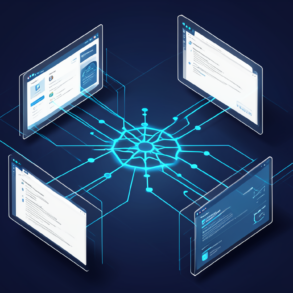 Abstract illustration of AI system autonomously controlling computer applications through connected interface elements