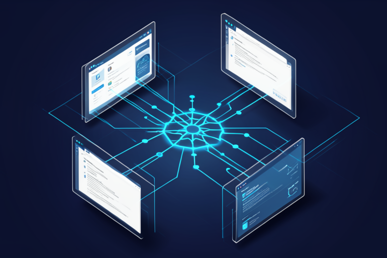 Abstract illustration of AI system autonomously controlling computer applications through connected interface elements
