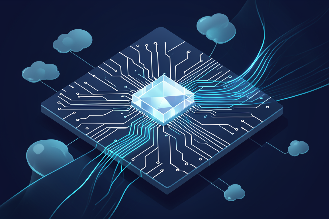 Abstract illustration of semiconductor chip architecture with data pathways representing Arm's proprietary CPU for AI infrastructure