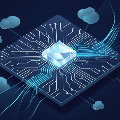 Abstract illustration of semiconductor chip architecture with data pathways representing Arm's proprietary CPU for AI infrastructure