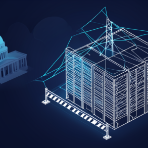 Editorial illustration depicting data centre construction moratorium with facility outline and regulatory barrier symbols