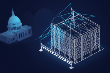 Editorial illustration depicting data centre construction moratorium with facility outline and regulatory barrier symbols