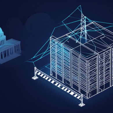 Editorial illustration depicting data centre construction moratorium with facility outline and regulatory barrier symbols