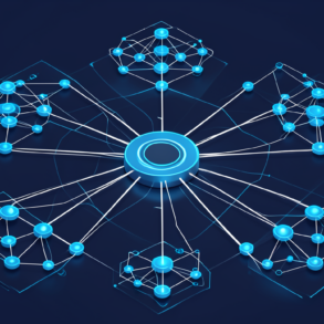 Abstract illustration of high-performance network infrastructure with interconnected nodes representing Nvidia's networking division growth