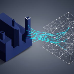 Abstract illustration depicting industrial facilities transforming through AI integration with geometric shapes and network patterns