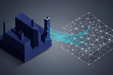 Abstract illustration depicting industrial facilities transforming through AI integration with geometric shapes and network patterns