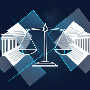 Abstract geometric illustration representing legal injunction with balanced scales and architectural elements in navy and blue tones