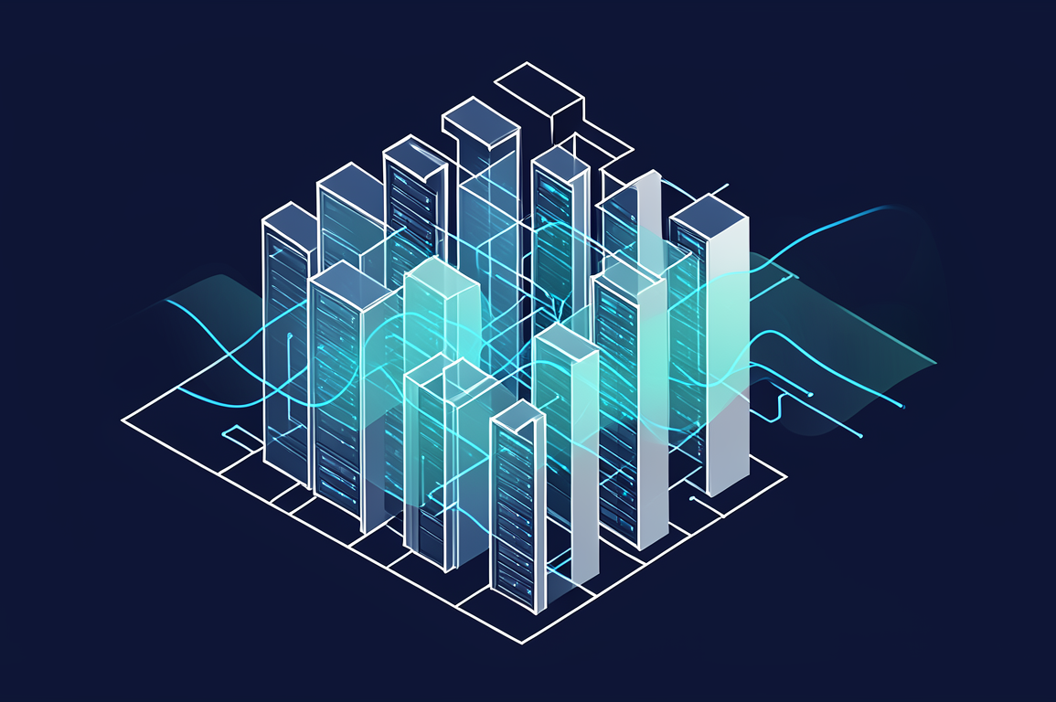 Abstract illustration of data centre infrastructure with energy grid connections