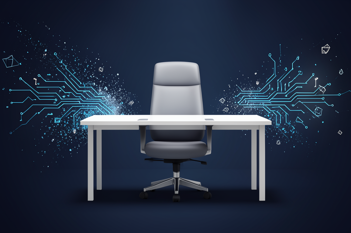 Editorial illustration depicting vacant White House technology policy leadership position with abstract AI and cryptocurrency visual elements