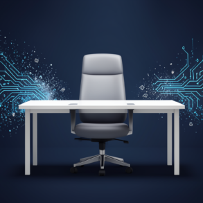 Editorial illustration depicting vacant White House technology policy leadership position with abstract AI and cryptocurrency visual elements