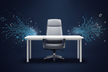 Editorial illustration depicting vacant White House technology policy leadership position with abstract AI and cryptocurrency visual elements