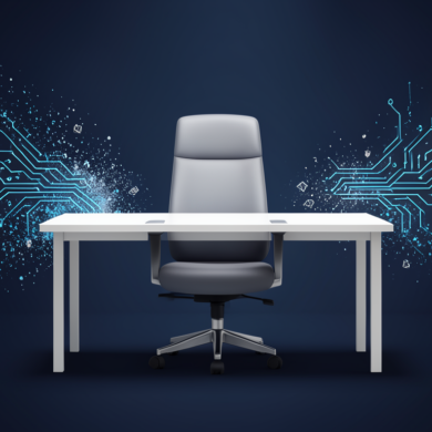 Editorial illustration depicting vacant White House technology policy leadership position with abstract AI and cryptocurrency visual elements