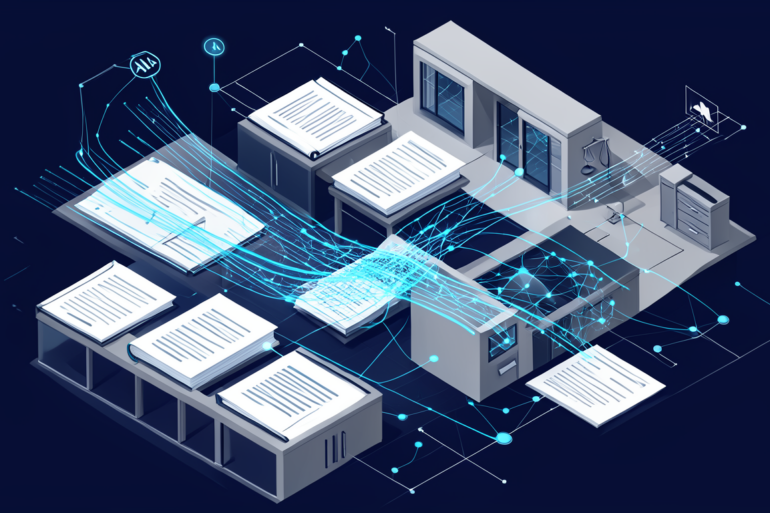 Abstract illustration of legal documents and law books transforming into AI neural networks and data streams, representing Harvey's legal AI platform