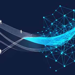 Abstract illustration depicting bot traffic overtaking human internet activity with flowing data streams