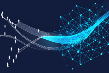 Abstract illustration depicting bot traffic overtaking human internet activity with flowing data streams