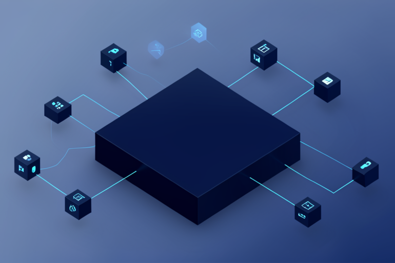 Abstract illustration of platform marketplace model with central hub and connected services