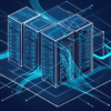 Abstract illustration of data centre infrastructure with geometric server patterns and network connections