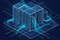 Abstract illustration of data centre infrastructure with geometric server patterns and network connections