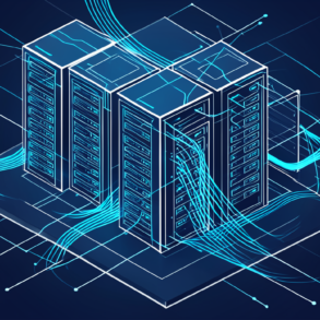 Abstract illustration of data centre infrastructure with geometric server patterns and network connections
