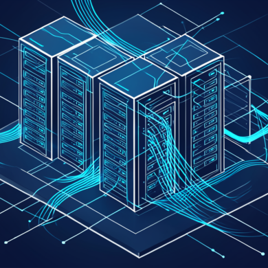 Abstract illustration of data centre infrastructure with geometric server patterns and network connections