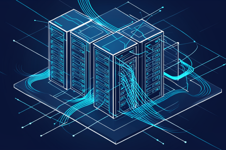 Abstract illustration of data centre infrastructure with geometric server patterns and network connections