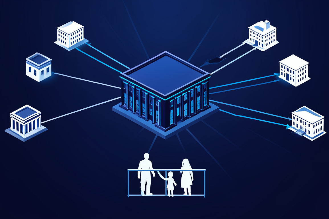 Illustration depicting federal AI framework overriding state regulations with separated family figures representing shifted child safety responsibility