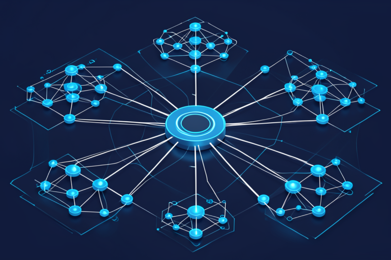 Abstract illustration of high-performance network infrastructure with interconnected nodes representing Nvidia's networking division growth
