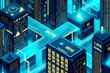 Abstract illustration of AI systems flowing through financial institutions with warning indicators