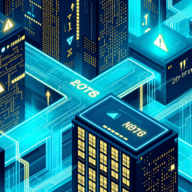 Abstract illustration of AI systems flowing through financial institutions with warning indicators