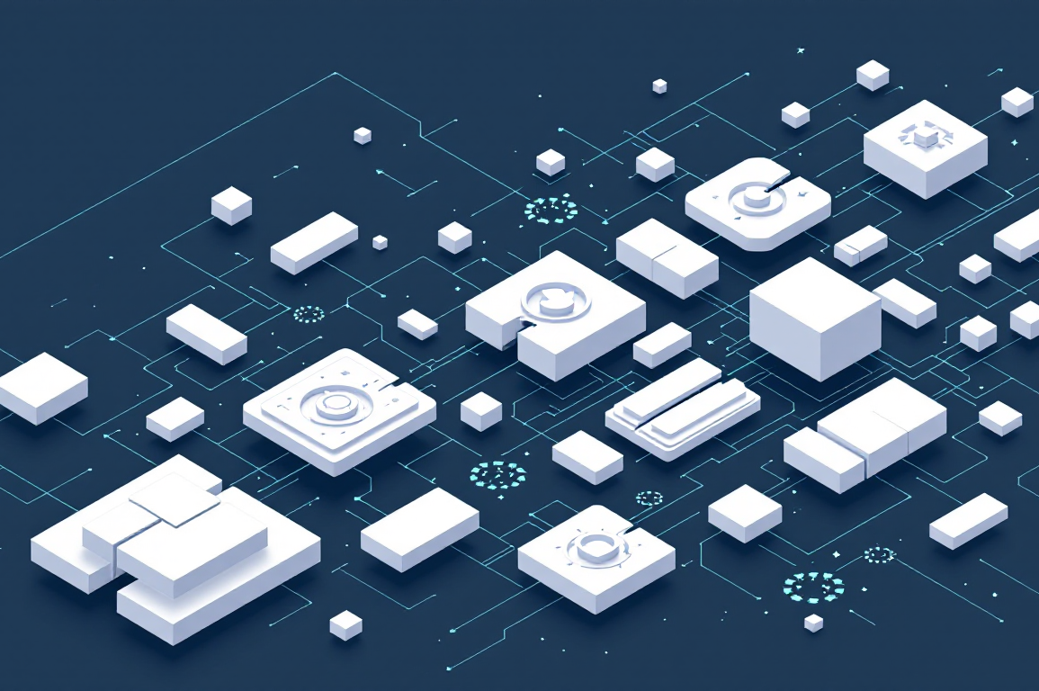 Abstract illustration depicting organisational fragmentation and repeated technical restarts through geometric shapes and broken connection lines