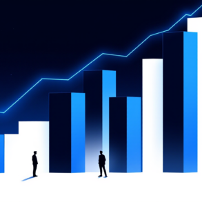 Editorial illustration depicting extreme productivity ratio with minimal workforce driving exponential revenue growth through AI-powered tools