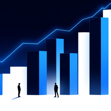 Editorial illustration depicting extreme productivity ratio with minimal workforce driving exponential revenue growth through AI-powered tools