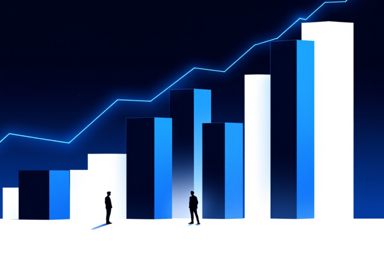 Editorial illustration depicting extreme productivity ratio with minimal workforce driving exponential revenue growth through AI-powered tools