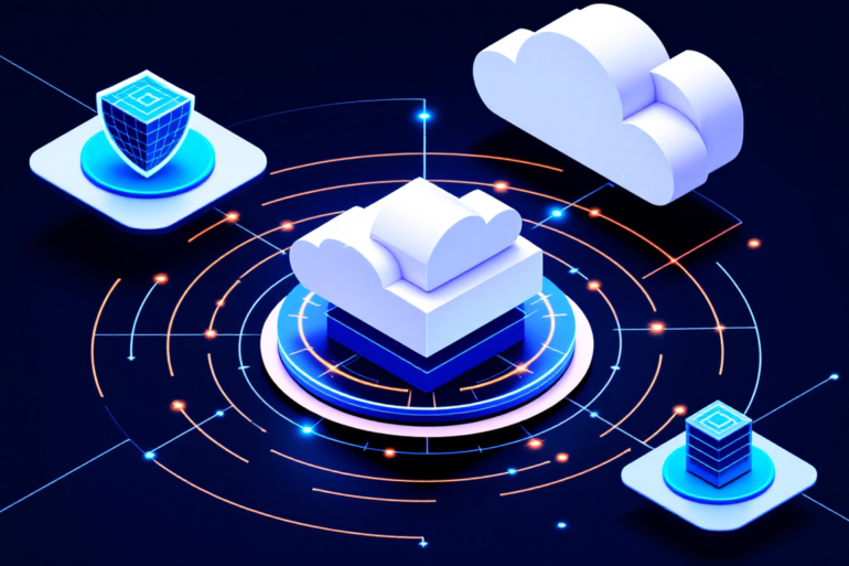 Abstract illustration of cloud security infrastructure with protective layers representing cybersecurity acquisition
