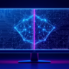 Editorial illustration depicting split between traditional 3D rendering and AI-generated graphics technology