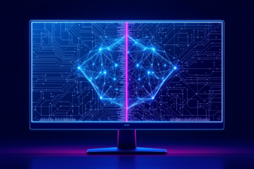 Editorial illustration depicting split between traditional 3D rendering and AI-generated graphics technology