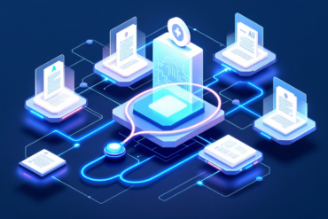 Abstract illustration of AI-powered electronic health record integration with geometric shapes representing clinical documentation workflow