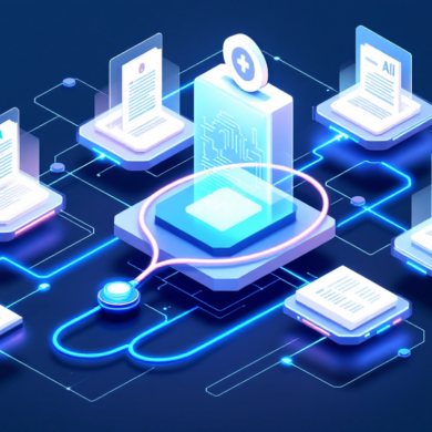 Abstract illustration of AI-powered electronic health record integration with geometric shapes representing clinical documentation workflow