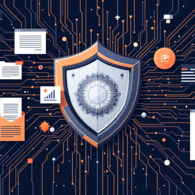 Abstract illustration depicting security scrutiny of classified network access with geometric shield and circuit patterns